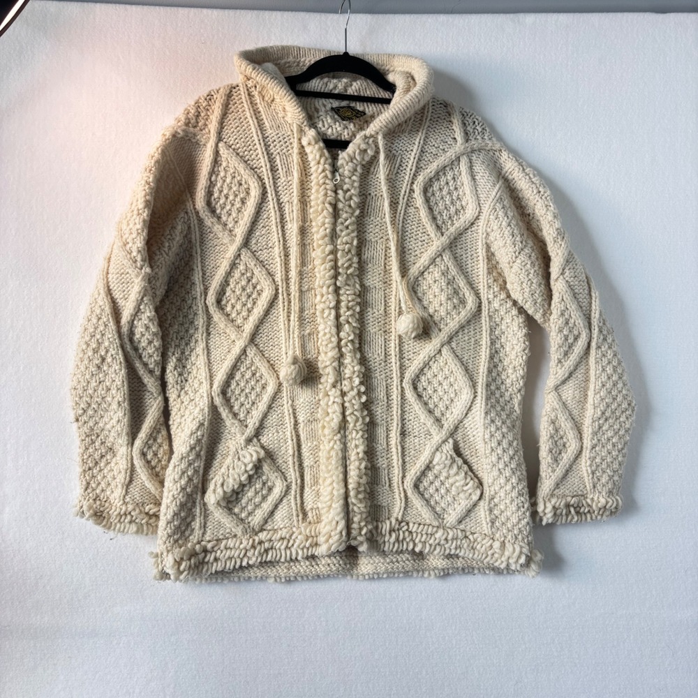 Handmade Wool fisherman cable chunky Knit Hooded Cardigan Sweater Cream Zip Up